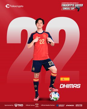 A promotional poster from Tokocrypto features soccer player Dhimas wearing jersey number 22, with the "TKC" branding and "Tokocrypto Soccer Console Cup" tournament details displayed at the top. The image ties to the post by introducing Dhimas as participant #22 representing Spain in the gaming tournament.