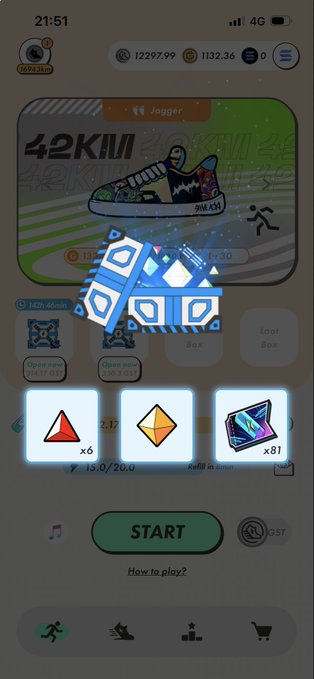 Screenshot of the StepN app showing a 'Jogger' sneaker NFT loot box being opened, revealing rewards including 6 red gems, a yellow shard, and 81 gems, with a 'START' button at the bottom.