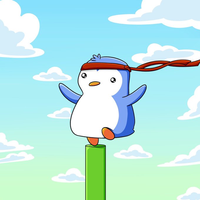 A cute cartoon penguin wearing a red headband stands triumphantly on top of a green candlestick, set against a bright sky with clouds. The triumphant pose and headband symbolize the bullish "takeover" energy of the $PURGY token, mirroring the poster's confident market takeover claim.