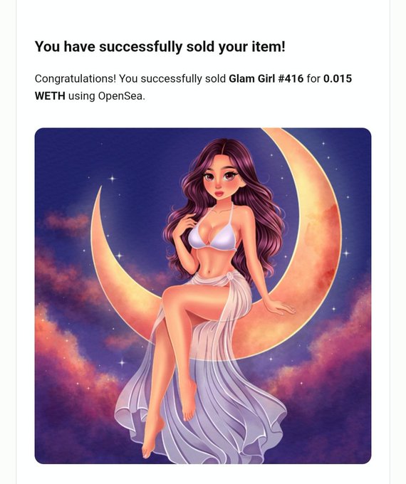 OpenSea confirmation screen showing 'You have successfully sold your item!' for 'Glam Girl #416' sold for 0.015 WETH, featuring an anime-style illustration of a woman in white sitting on a crescent moon.