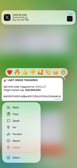 A messaging app screenshot showing a notification that says "LIMIT ORDER TRIGGERED" to sell $WALLET with a target market cap of $20,000,000, tying into the poster's caption about their limit order finally hitting one month later.