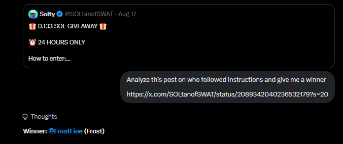 A Twitter post by Solty (@SOLtanofSWAT) announcing a '0.133 SOL GIVEAWAY' limited to 24 hours, with a comment identifying the winner as '@FrostFloe (Frost)'.