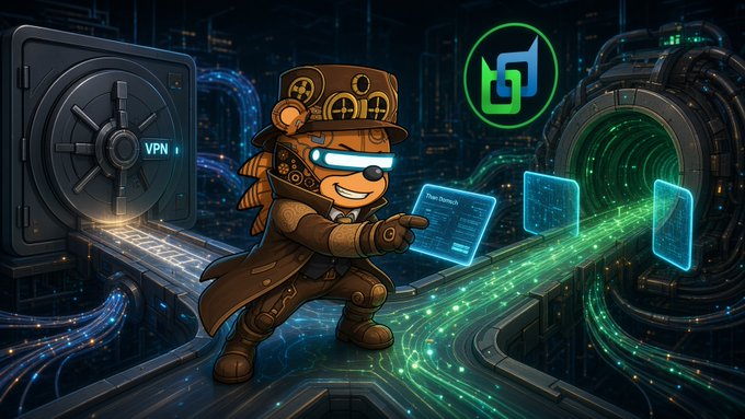 A digital illustration of a steampunk-style bear character wearing goggles and a top hat, standing near a 'VPN' vault door with the green and blue 'b' logo from Image 1 in the upper right corner.