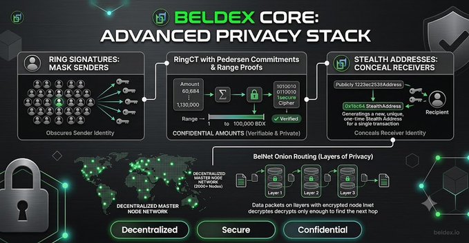 An infographic titled 'BELDEX CORE: ADVANCED PRIVACY STACK' detailing features like Ring Signatures, RingCT, Stealth Addresses, and BelNet Onion Routing, with the website beldex.io visible.