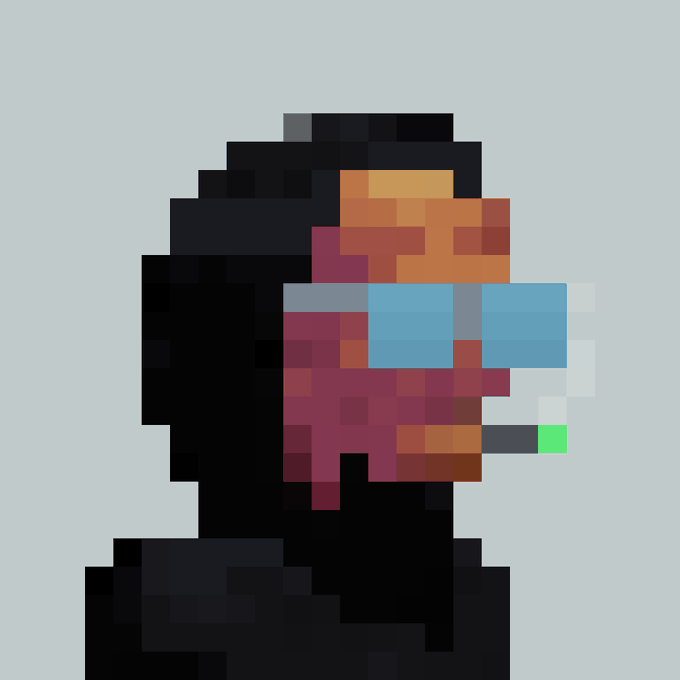 A pixel art profile view of a person wearing a black hoodie and large cyan goggles, appearing to exhale vapor from a small green-tipped device.