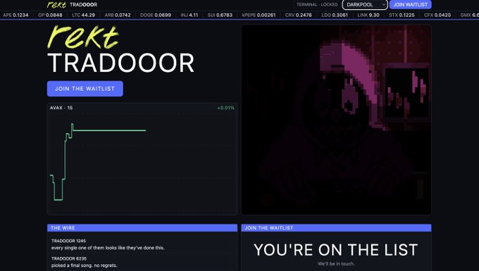 A website titled 'rekt TRADOOR' displays a sharp downward price chart for ticker 'AVAX', with a 'JOIN THE WAITLIST' button and 'YOU'RE ON THE LIST' confirmation visible.