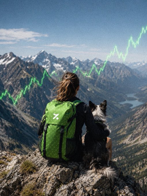A hiker with a green backpack and her dog sit on a mountain peak overlooking a valley, with an overlaid green stock chart showing an upward trend toward a new all-time high—visually punning on the "ATH" (all-time high) reference in trading while literally standing at a high elevation.