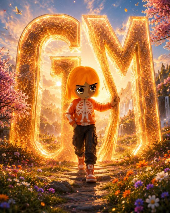 An anime-style character with orange hair standing in front of large, glowing golden letters 'GM' in a vibrant, flower-filled fantasy landscape.