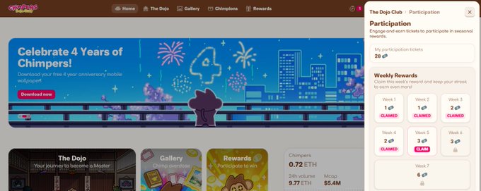 A Chimpers NFT website celebrating 4 years, displaying a 'Dojo Club' participation panel with 26 tickets and weekly rewards showing claimed statuses.