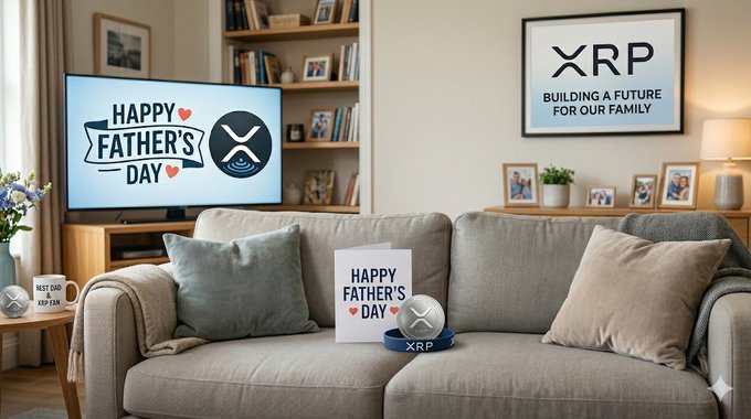 The image features a living room with a gray couch against one wall, where two pillows are placed. On top of the couch, there's a card that says "Happy Father'S Day" written in blue letters. The background shows a television screen displaying an advertisement for Bitcoin Core, and several books can be seen on shelves nearby.