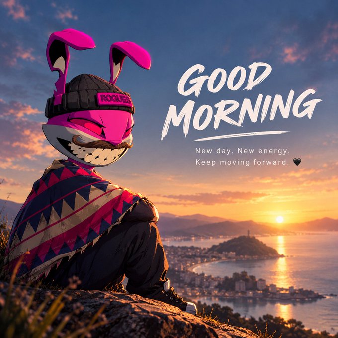 An inspirational graphic featuring an anthropomorphic character with pink bunny ears and a beanie, sitting on a hill overlooking a coastal city at sunset, with the text 'GOOD MORNING' and 'New day. New energy. Keep moving forward.'