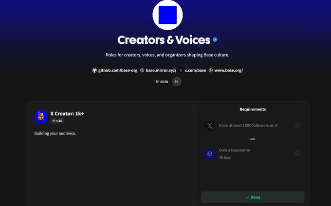 The image shows a webpage with a blue header that says "Creators & Voices" at the top, and a green footer below it. The main content of the page is a list of creator roles available for users to claim on a Base server. There are two creator roles displayed in the image - one for a user named X creator and another for a user named Y creator. These roles can be claimed by clicking on their respective names, which will lead them to a checker that displays their activity levels and scores. The post also mentions a community member who made an activity checker on Base, which is useful information for users looking to claim their creators' roles.