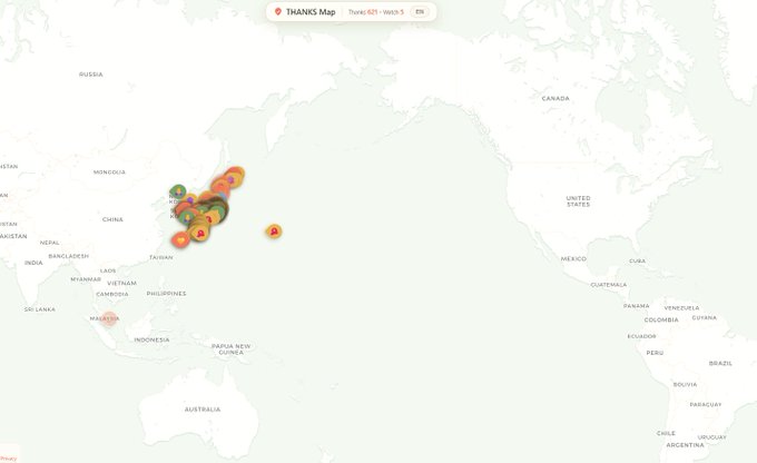 A map titled "THANKS Map - Tunes 621 - Watch 3" displays several red heatmap clusters concentrated over East Asia, particularly Japan and surrounding areas.