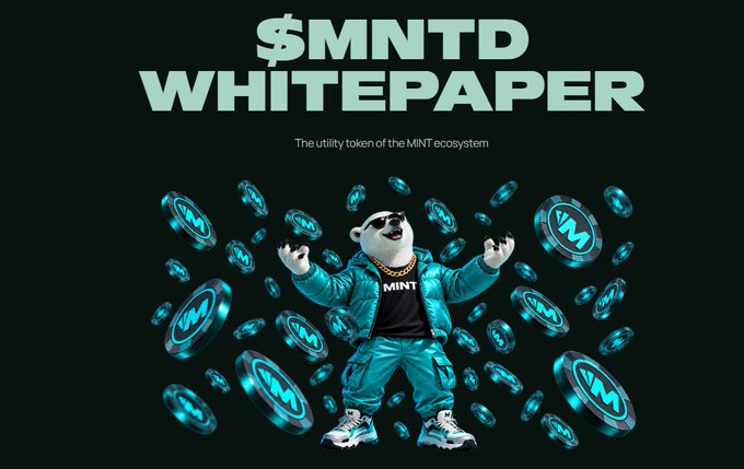 A promotional graphic titled '$MNTD WHITEPAPER' subtitled 'The utility token of the MINT ecosystem,' featuring an anthropomorphic white bear character wearing sunglasses, a teal jacket, and a gold chain, surrounded by floating digital tokens bearing the MINT logo.