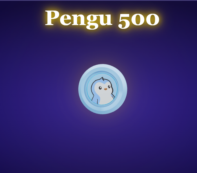 The image features a cartoon penguin sitting inside a circle, with a blue background. The text "PENGU 500" is displayed above the penguin, indicating its achievement or reward. Below this, there's a small description of what happened in the image. In addition, there are two mentions of people and a post on social media platforms, suggesting that the penguin was recognized for its accomplishment within an online community.