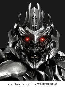 A menacing robotic figure with red glowing eyes and intricate metallic armor is shown against a dark background, marked with a Shutterstock watermark (2348393859).