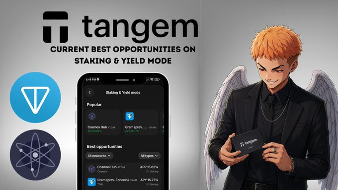 Promotional graphic for Tangem cryptocurrency wallet advertising 'Current Best Opportunities on Staking & Yield Mode,' featuring a smartphone displaying Cosmos Hub (ATOM) at APY 15.82% and Gram (GRAM) at 15.77%, alongside an anime-style character with orange hair and angel wings holding a Tangem card.