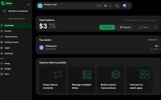 A Safe (formerly Gnosis Safe) wallet dashboard titled "medaka-vault" shows a total balance of $3.75 with 0.002 ETH, alongside options to Send, Receive, and Swap. The image illustrates the multisig setup referenced in the post, where the user is testing a 2-of-3 configuration using OneKey, Ledger, and Rabby before depositing a small amount.