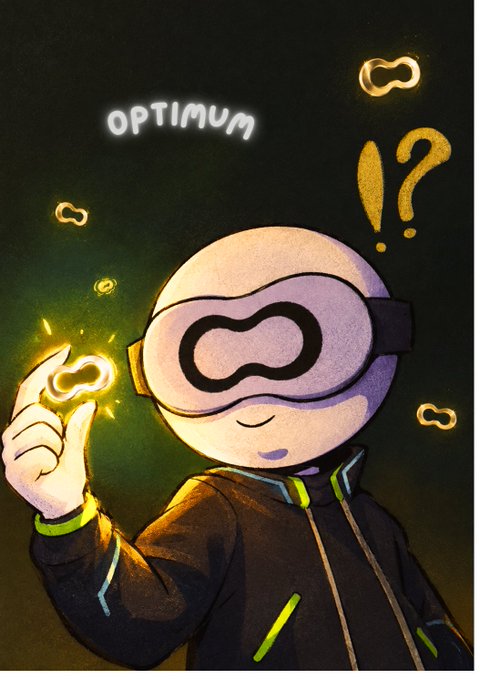 A digital illustration of a cartoon character with a large infinity-symbol mask labeled 'OPTIMUM' holding a glowing object, with question marks in the dark green background.