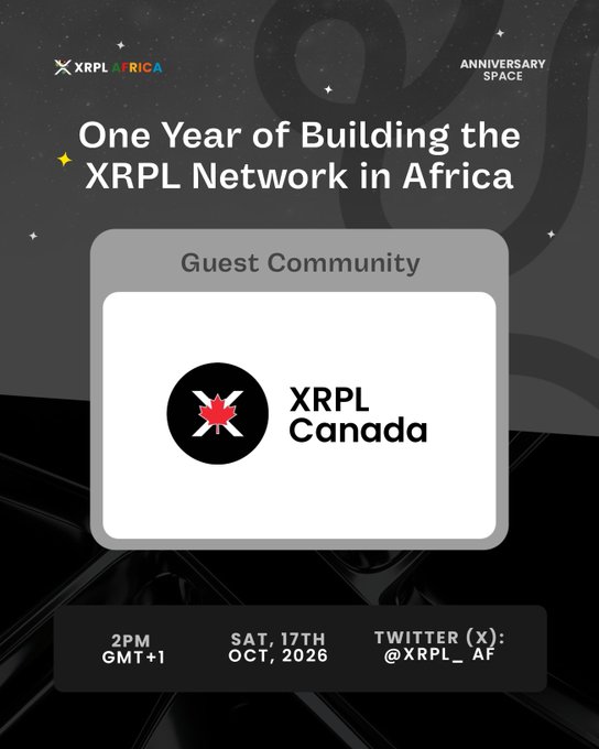 Anniversary event poster for 'One Year of Building the XRPL Network in Africa' featuring XRPL Canada as a guest community, scheduled for 2PM GMT+1 on Saturday, October 17th, 2026, on Twitter @XRPL_AF.