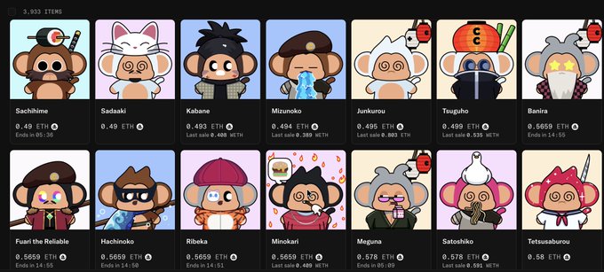 Screenshot of an NFT marketplace listing 14 cartoon monkey NFT collections including 'Sachihime' (0.49 ETH), 'Sadaaki' (0.49 ETH), 'Kabane' (0.493 ETH), 'Mizunoko' (0.484 ETH), 'Junkurou' (0.495 ETH), 'Tsuguhō' (0.499 ETH), 'Banīna' (0.5659 ETH), 'Fuari the Reliable' (0.5659 ETH), 'Hachinoko' (0.5659 ETH), 'Ribeka' (0.5659 ETH), 'Minokari' (0.5659 ETH), 'Meguna' (0.578 ETH), 'Satoshiō' (0.578 ETH), and 'Tetsusaburou' (0.58 ETH), all ending in 14:55.