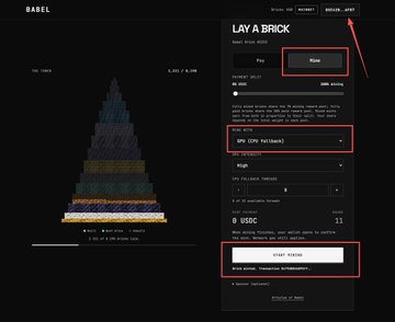 The image shows a screenshot of the "BABEL" web interface displaying a "LAY A BRICK" mining page, with a pyramid visualization on the left and a control panel on the right where steps to start mining are highlighted in red boxes, including selecting "Mine," choosing "CPU (1796 H/s@hash)," and a "START MINING" button. The accompanying tutorial text explains how to use Keplr wallet on the ARC chain with USDC for gas to mine by clicking through these highlighted options at towerofbabel.fly.dev.