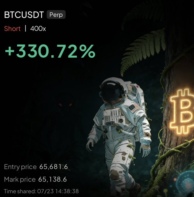 A trading screenshot showing a BTCUSDT perpetual short position with 400x leverage closed at +330.72% profit, with entry at 65,681.6 and mark price at 65,138.6. The image's celebratory nature aligns with the post announcing the trader closed half of their highly leveraged Bitcoin short position for substantial gains.