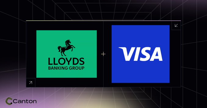 The image shows the logos of Lloyds Banking Group (a black horse on a green background) and Visa (white text on a blue background) connected by a plus sign, suggesting a partnership. This relates to the post's theme of traditional banks adopting stablecoin settlement, with Lloyds being another example of a major banking institution catching up to the trend of digital asset integration alongside SoFi and Mastercard.