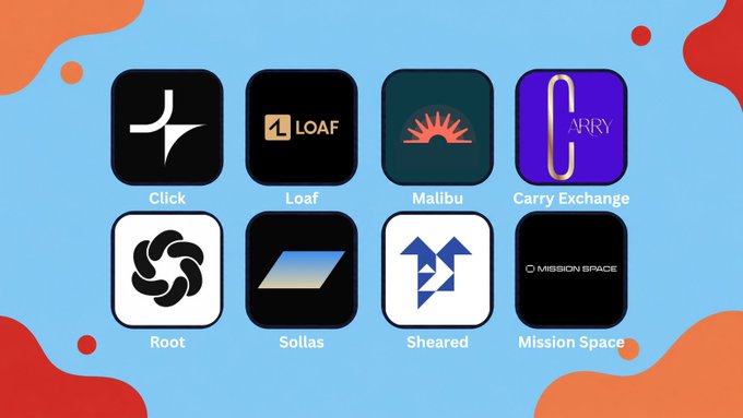 A grid of eight project logos including Click, Loaf, Malibu, Carry Exchange, Root, Sollas, Sheared, and Mission Space, displayed on a blue background with colorful decorative blobs, visually representing the daily early-stage crypto projects highlighted in the accompanying post.