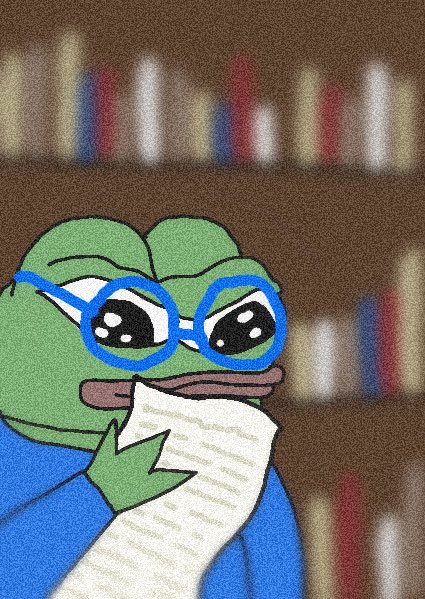 A grainy digital illustration of a sad green frog wearing blue glasses, reading a long paper scroll in a library with blurred bookshelves in the background.