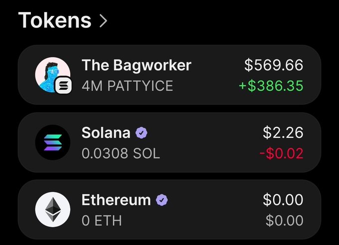 The image shows a crypto portfolio displaying "The Bagworker" token (PATTYICE) with 4M tokens valued at $569.66 (+$386.35), alongside small holdings of 0.0308 SOL ($2.26) and 0 ETH on Ethereum. The screenshot relates to the post by showcasing a Pattyice token holding from a recent airdrop, illustrating the value and gains of receiving the PATTYICE token distribution.