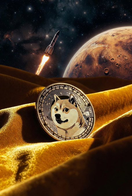 A Dogecoin (DOGE) physical coin featuring the iconic Shiba Inu logo rests on golden sand dunes, with a rocket launching toward a Mars-like planet in the starry background, symbolizing Dogecoin's "to the moon" and interplanetary aspirations in the crypto space.