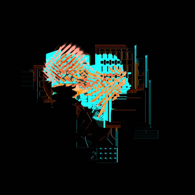 Abstract digital art featuring cyan and orange glitch effects with architectural shapes against a black background.