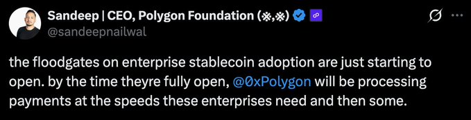 The image shows a post from Sandeep ICEO Polygon Foundation, which has been edited by someone named Sandeep. The post contains text that reads "the floodgates on enterprise stablecoin adoption are just starting to open. By the time they're fully open, payments at the speeds these entities need and then some." This message is written in a black font against a white background.