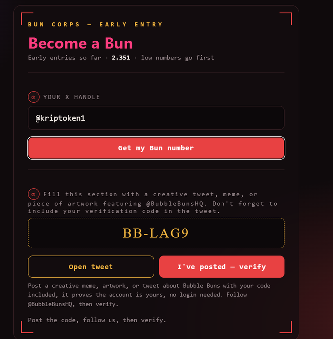 The image shows a "BUN CORPS – EARLY ENTRY" registration form for BubbleBunsHQ, where users enter their X handle (@kriptoken1) and receive the verification code "BB-LAG9" to post on social media for entry. The post highlights that 2,351 people have already joined this Avalanche-based project, matching the "Early entries so far · 2,351" stat displayed at the top of the form.