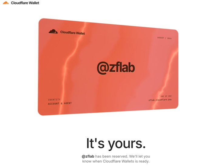 A Cloudflare Wallet reservation confirmation page displaying an orange card with the reserved username '@zflab' and the tagline 'It's yours.'