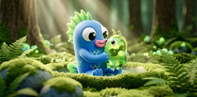 A 3D-rendered blue cartoon monster with green fins and big eyes hugs a smaller green monster in a lush, mossy forest setting with sunlight streaming through the trees.
