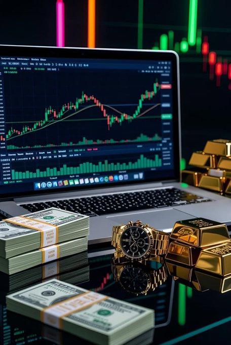 A laptop displays a green and red candlestick trading chart with volume bars below, surrounded by stacks of cash, gold bars, and a luxury gold watch resting on a reflective surface. The image evokes the post's lesson about the importance of taking profits in trading, as the watch, gold, and cash symbolize the wealth that could have been secured had profit been taken on that NFT before its value dropped.