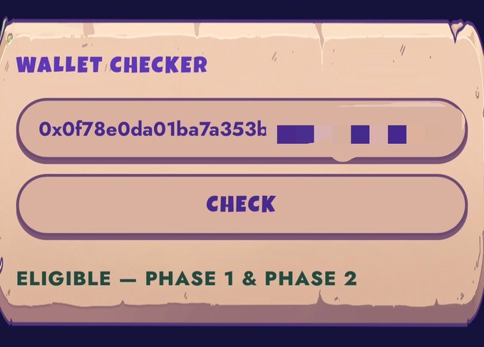 A cartoon-style 'Wallet Checker' interface displaying a partial address '0x0f78e0da01ba7a353b' with a 'CHECK' button and text 'ELIGIBLE — PHASE 1 & PHASE 2' at the bottom.