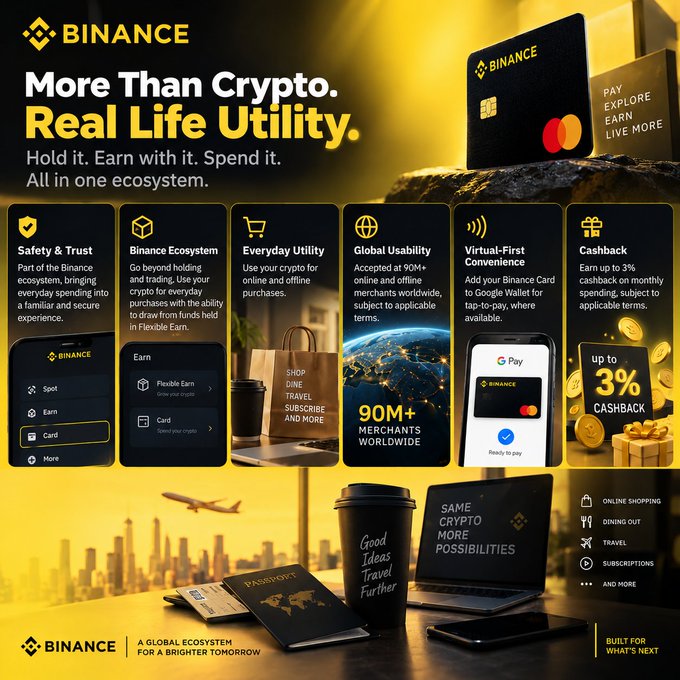 An advertisement for "BINANCE" promotes their crypto ecosystem with the tagline "More Than Crypto. Real Life Utility." highlighting features like safety, shopping, and cashback up to 3%.
