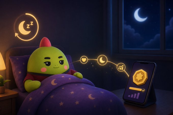 A cartoon green character with a small red horn sleeps under a purple star-patterned blanket beside a phone displaying a golden star badge, with floating icons of hearts, a moon, and growth chart symbols above.
