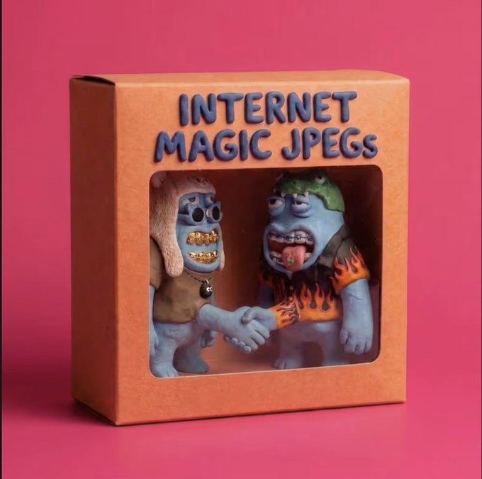 A toy box labeled "INTERNET MAGIC JPEGS" contains two quirky claymation-style figures shaking hands, humorously representing the NFT being minted in the accompanying post.