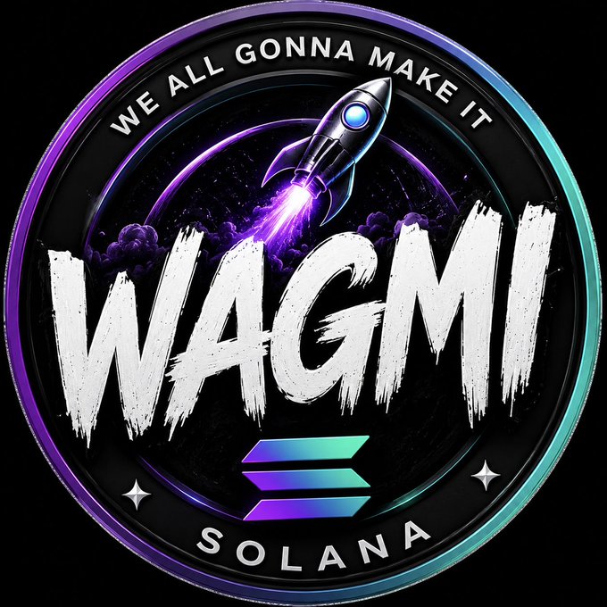 The image features a logo for a company named "WAGMI" that is related to cryptocurrency, specifically Solana. The logo consists of a circle with a purple border and a rocket ship flying inside it. Below the rocket ship, there are three blue stars arranged in a triangle shape. The text "WAGMI" is written in white letters above the rocket ship, while "Solana" is written below it. The company's name is also displayed in white letters on the circle.