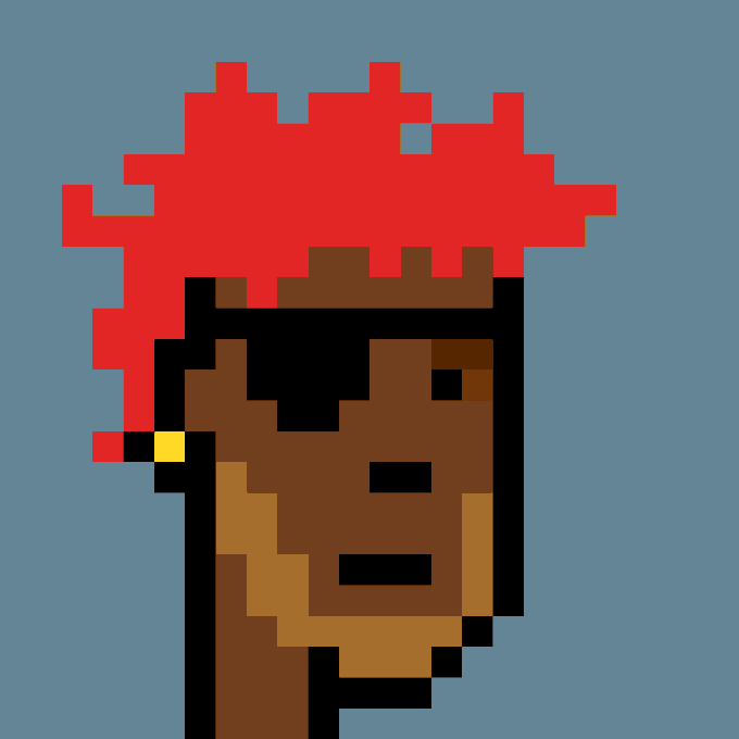A pixel art portrait of a person with brown skin, facial features rendered in simple blocks, and bright red hair, set against a blue background.