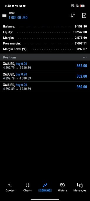 A mobile trading app screenshot displays a balance of 9,158.80 USD with equity of 10,242.80 and open positions for XAUUSD showing buy orders at 4,292.79 with profits of 362.00.