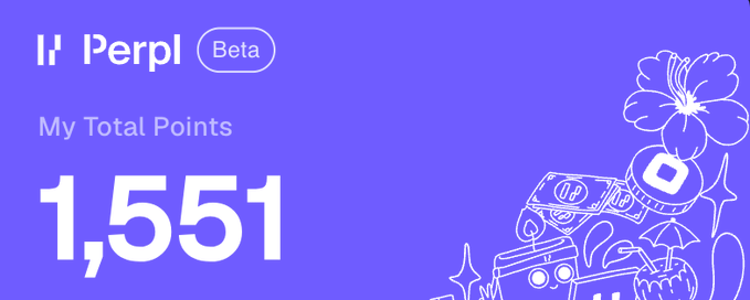 A purple interface for 'Perpl (Beta)' displays 'My Total Points: 1,551' alongside white line illustrations of a hibiscus flower, coffee cup, and other tropical elements.
