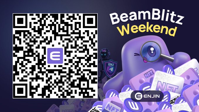 The image promotes the "BeamBlitz Weekend" event with a purple mascot holding a magnifying glass beside scattered NFT tiles, featuring a scannable Enjin QR code on the left for claiming a commemorative NFT and a chance to win a token-gated Telegram community through Bouncer MFT.