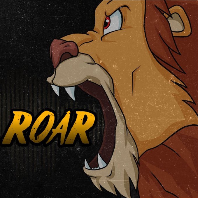 A roaring lion illustration with sharp fangs and a red eye, accompanied by the bold yellow text 'ROAR'.