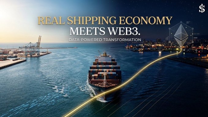 A promotional banner reading 'REAL SHIPPING ECONOMY MEETS WEB3. DATA-POWERED TRANSFORMATION' showing a container ship at a port alongside a glowing Ethereum logo and golden light trail.