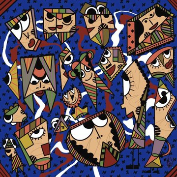 A colorful, abstract cubist-style illustration composed of fragmented faces and geometric shapes in warm tones against a blue background with red and white accents.